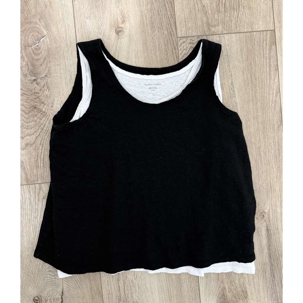 Eileen Fisher Organic Linen Layered Tank Scoop Neck 2 Total Black White Medium